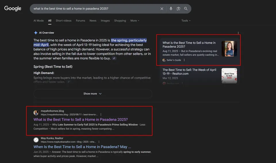 Google results for "what is the best time to sell a home in pasadena 2025?" with May Ahn's blog in the AI Overview and results
