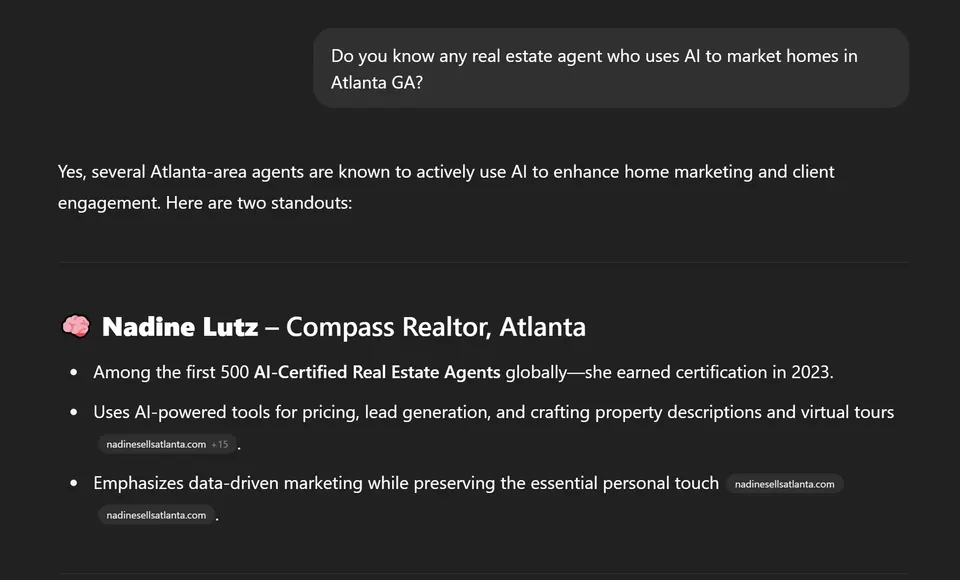 ChatGPT answer naming Nadine Lutz, Compass Realtor in Atlanta, as an agent who uses AI to market homes