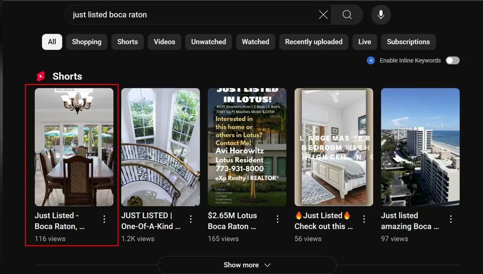 YouTube search for "just listed boca raton" with Michael Catino's Short first