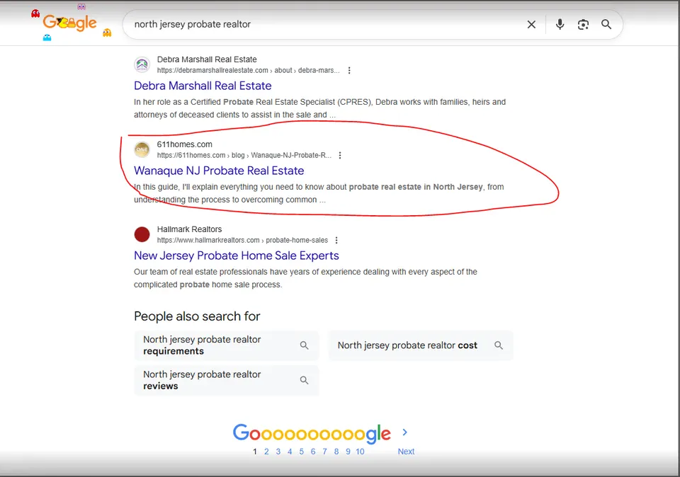 Google results for "north jersey probate realtor" showing Johnny's Wanaque NJ Probate Real Estate guide