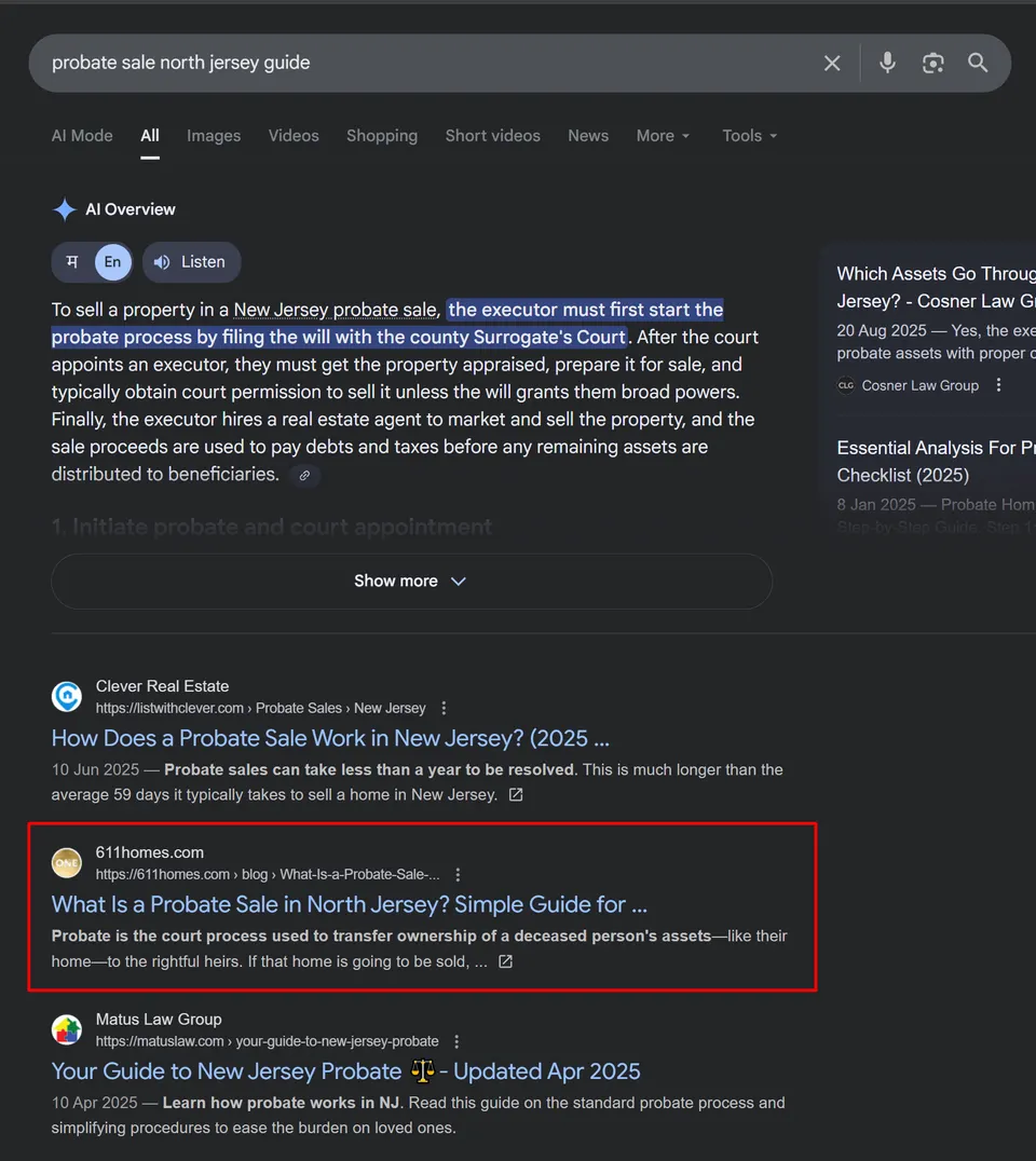 Google results for a North Jersey probate guide, with Johnny's article "What Is a Probate Sale in North Jersey?" circled