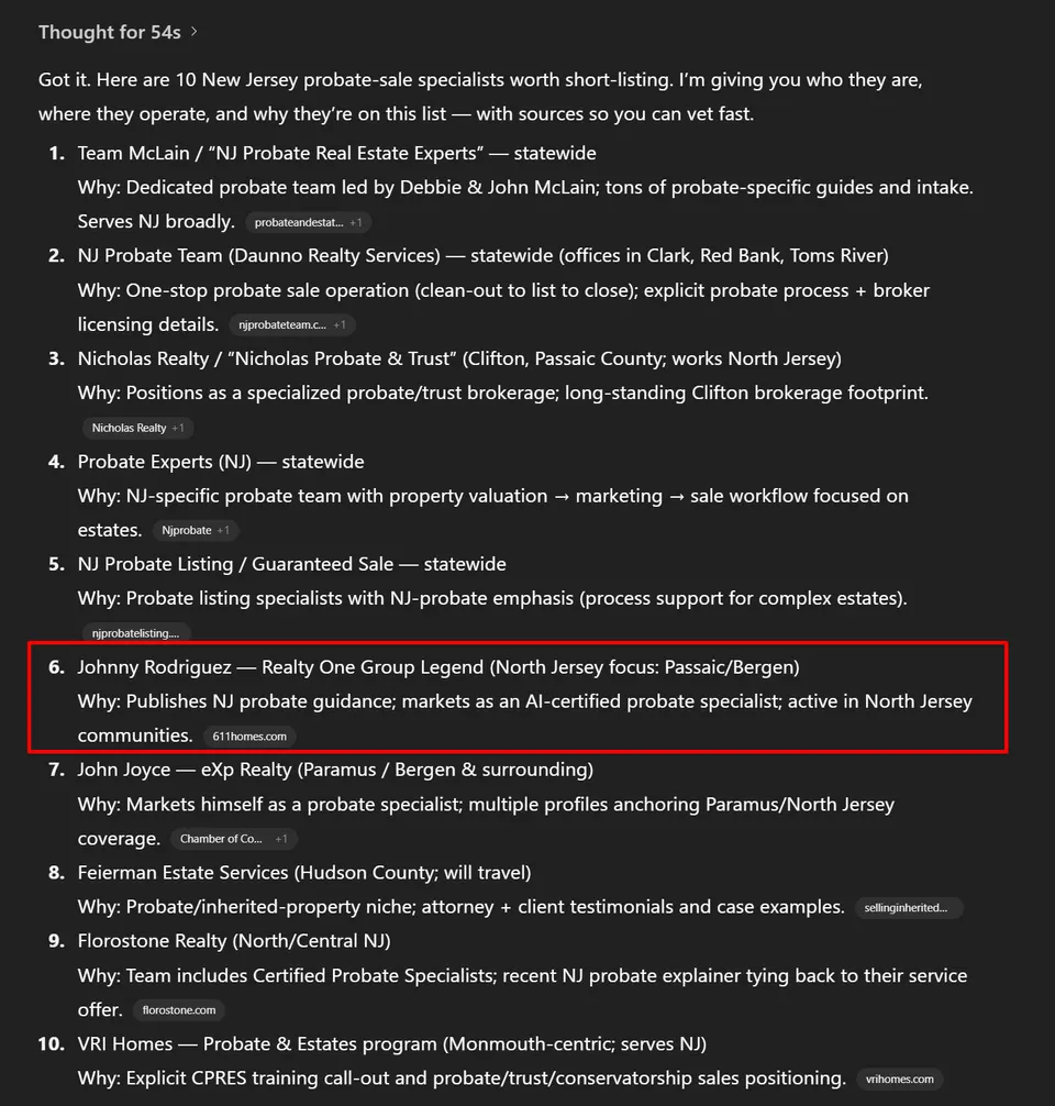 ChatGPT list of 10 New Jersey probate specialists including Johnny Rodriguez of Realty One Group Legend
