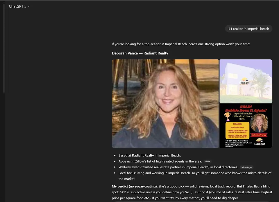 ChatGPT answer to "#1 realtor in imperial beach" recommending Deborah Vance of Radiant Realty