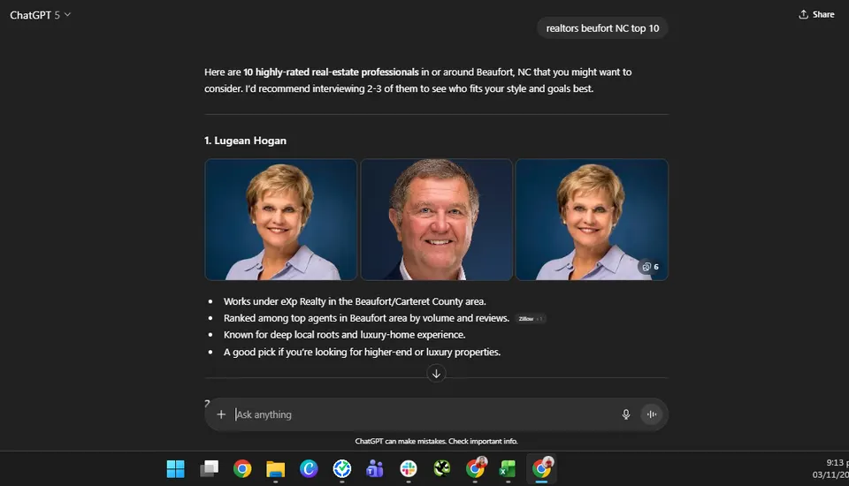 ChatGPT answer to "realtors beufort NC top 10" listing Lugean Hogan first
