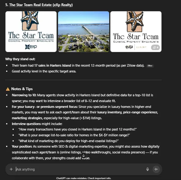 ChatGPT answer recommending the Star Team Real Estate (eXp Realty) for Harkers Island