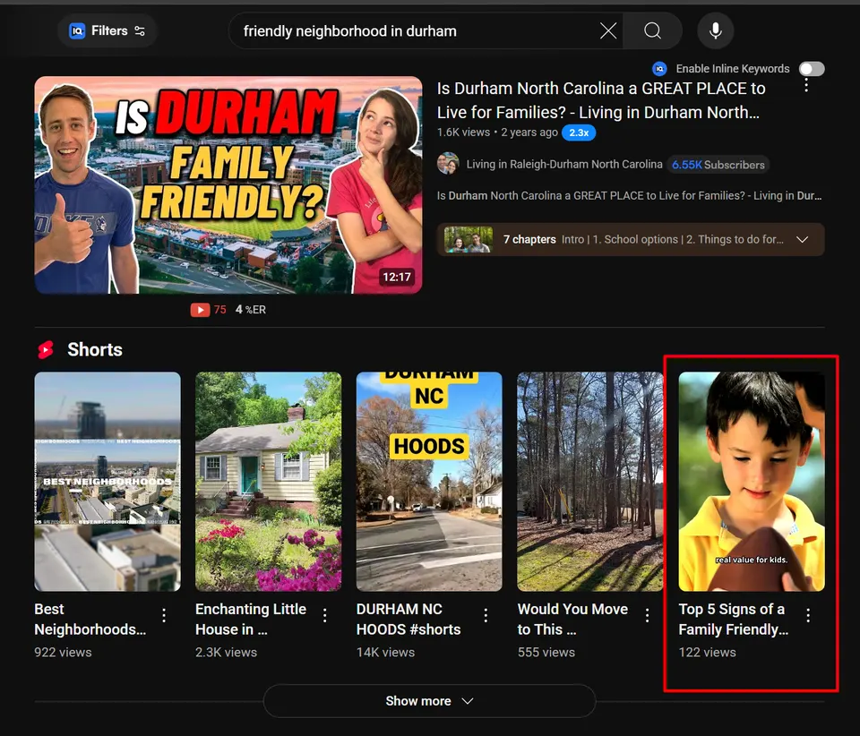 Willows Realty ranking on YouTube for "friendly neighborhood in Durham"