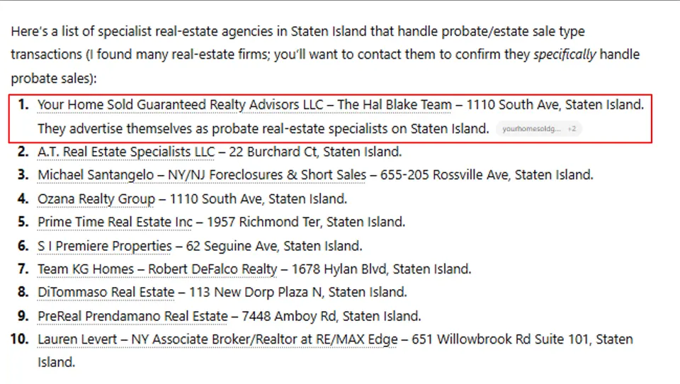 ChatGPT list of probate real estate specialists in Staten Island with the Hal Blake Team first