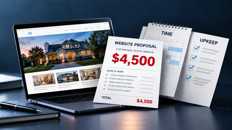 A $4,500 custom real estate website proposal beside a laptop, with time and upkeep checklists