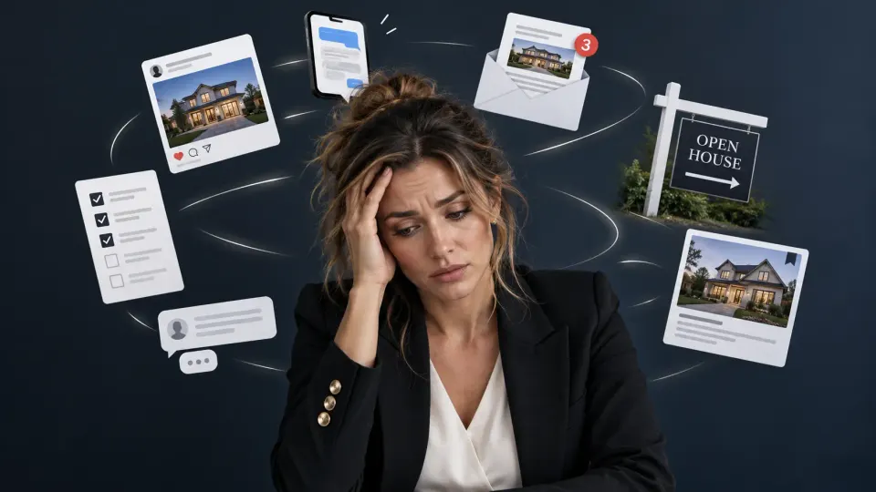 An overwhelmed agent surrounded by listings, emails, posts, checklists and an open house sign