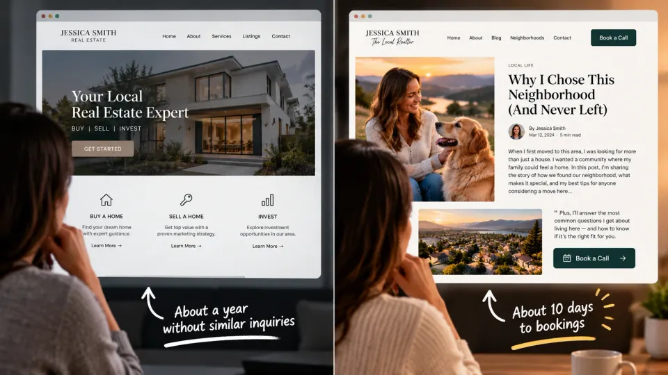 An agent's plain website next to a neighborhood blog post: about a year without similar inquiries, then about 10 days to bookings